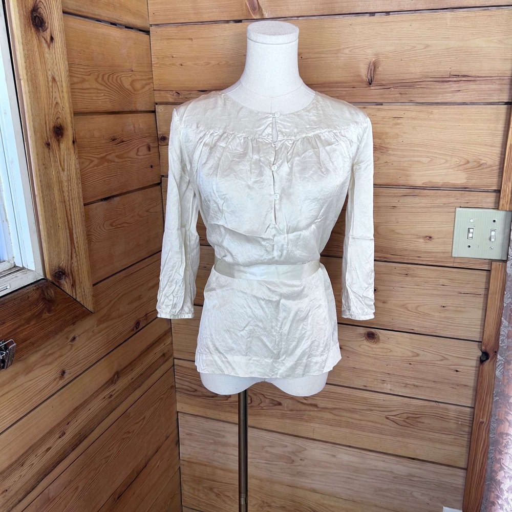 Vintage Silk Blouse Womens Medium Cream Tie Back Satin Peplum Top Luxe Ivory Shi